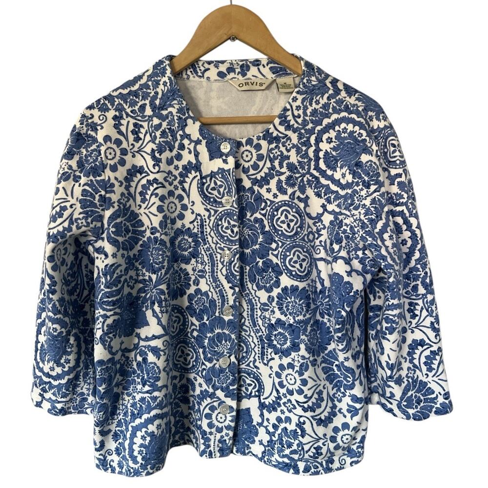 Orvis Blue Floral 3/4 Sleeve Cotton Cardigan Medium USA Made